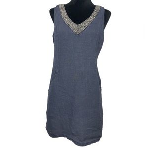 Lina Tomei Beaded Linen Blue Shift Dress Small